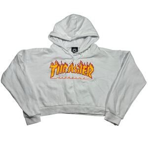 Thrasher Magazine Flame Logo Hoodie Women's XS White Boxy Sweatshirt Streetwear